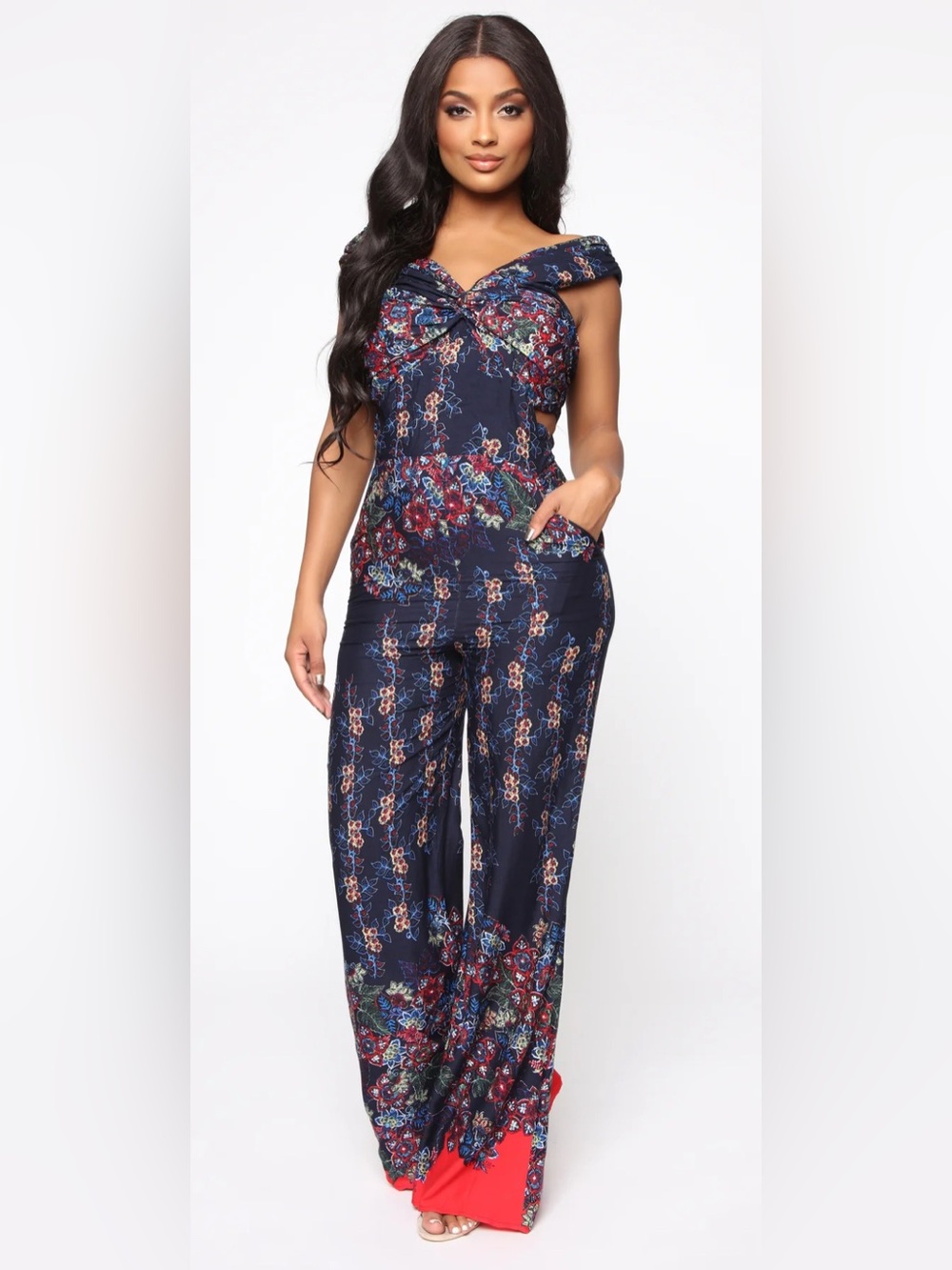 Fashion Nova Navy Floral Off-Shoulder Jumpsuit with Red Accent